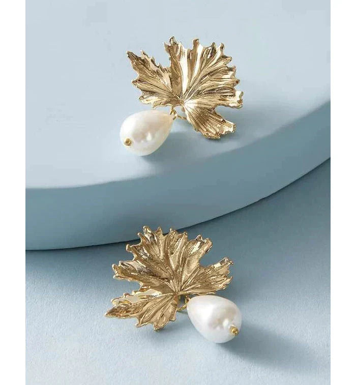 Leaf Pearl Drop Earrings - Magada Store 