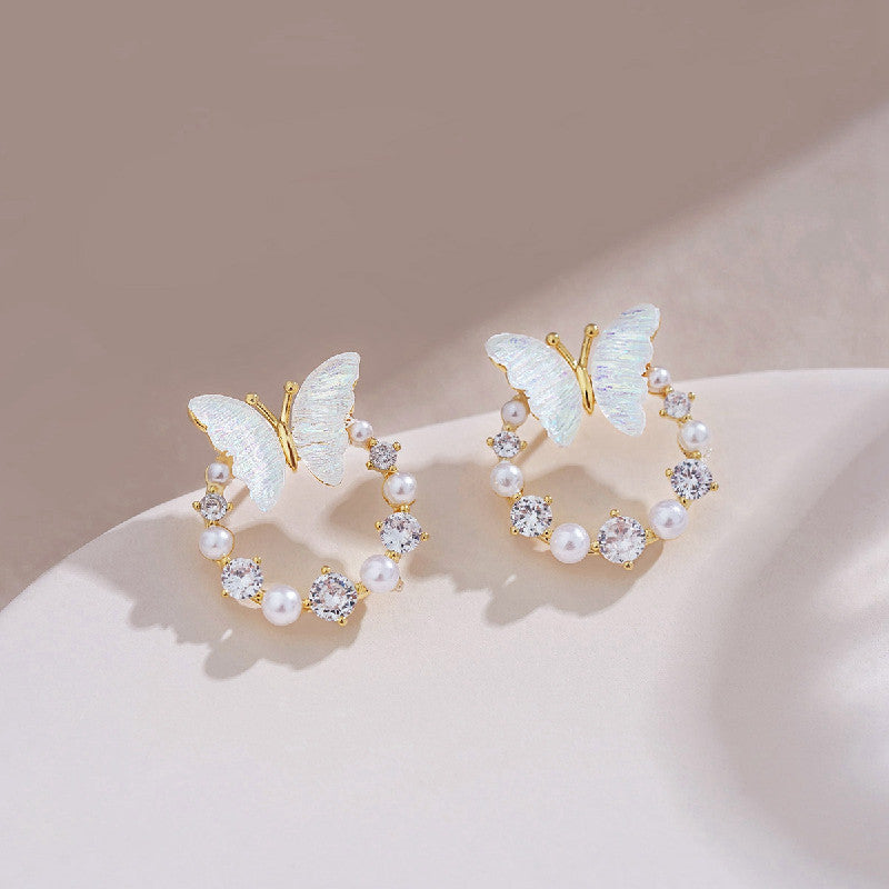 Acrylic Butterfly Crystal Pearl Earrings - Magada Store 