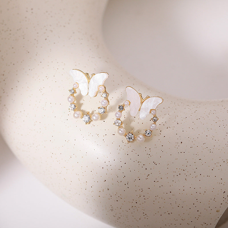Acrylic Butterfly Crystal Pearl Earrings - Magada Store 