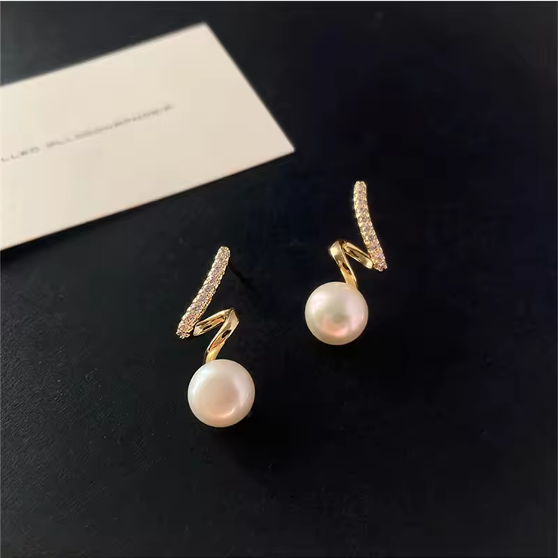 925 Silver Needle Rhinestone Twisted Pearl Earrings - Magada Store 