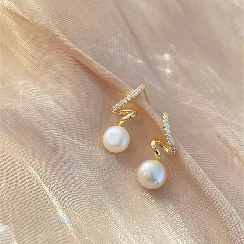 925 Silver Needle Rhinestone Twisted Pearl Earrings - Magada Store 