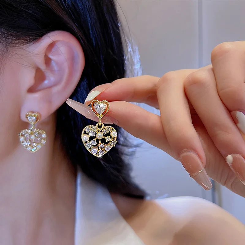 Shiny Cute Love Heart Hollow Zircon Earrings - Magada Store 