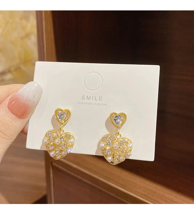 Shiny Cute Love Heart Hollow Zircon Earrings - Magada Store 