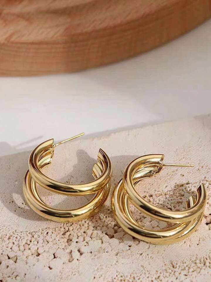 Dual C Shape Geometric Style Golden Earrings - Magada Store 